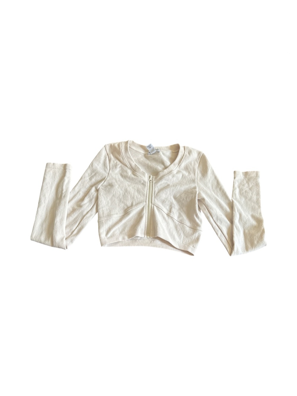 Forever 21 Cream Zip-Front Cropped Long Sleeve Top